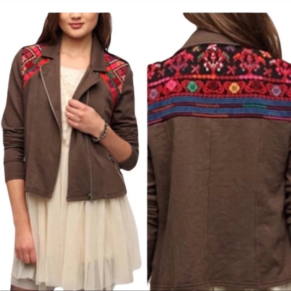 Urban Outfitters | Ecote Brown Embroidered Knit Moto Jacket Size Medium